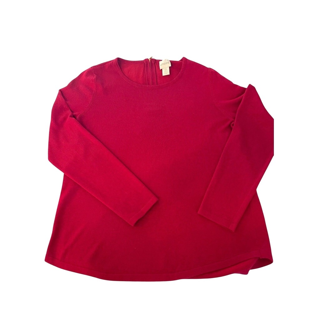 Chicos Womens Red Long Sleeve Crew Neck Back Zip Knit Top Sweater Size‎ Small
